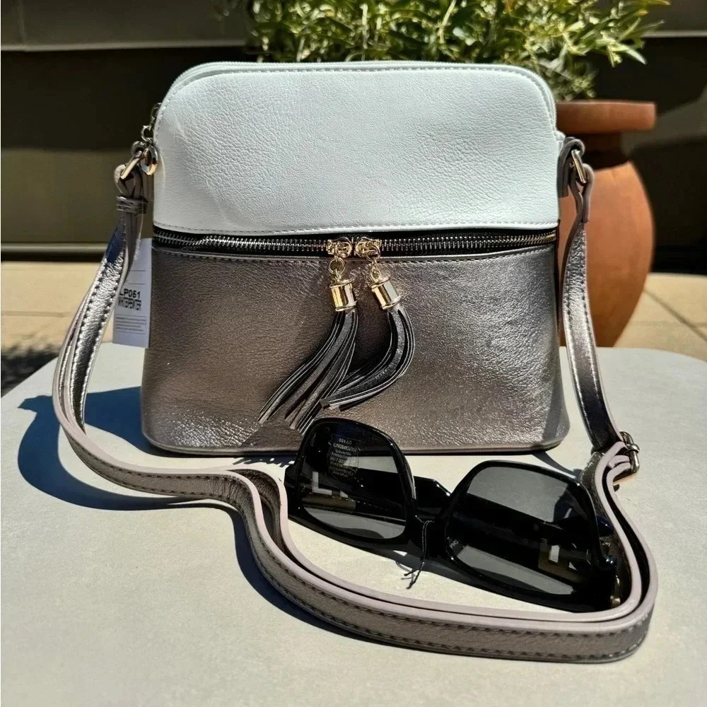 NWT Crossbody Tassel Zipper Puller Accent Two Tone Bag WHITE - Picture 4 of 12